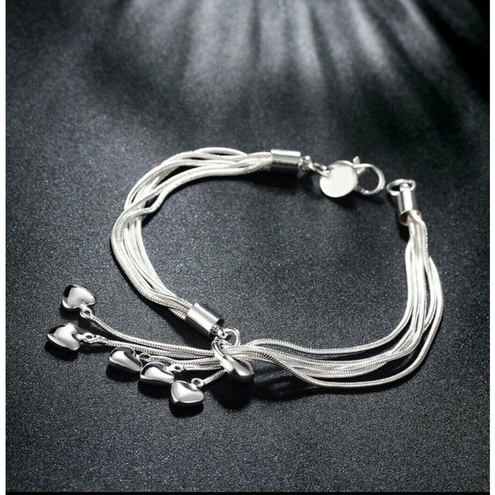 Sterling 925 Valentine's Bracelet Multiple Snake Chain 5 Hearts 7" Lariat Style